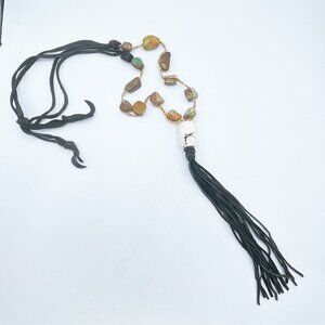 White Pendant Stone Beaded Macrame Necklace With Black Leather Tassel & Adjustab